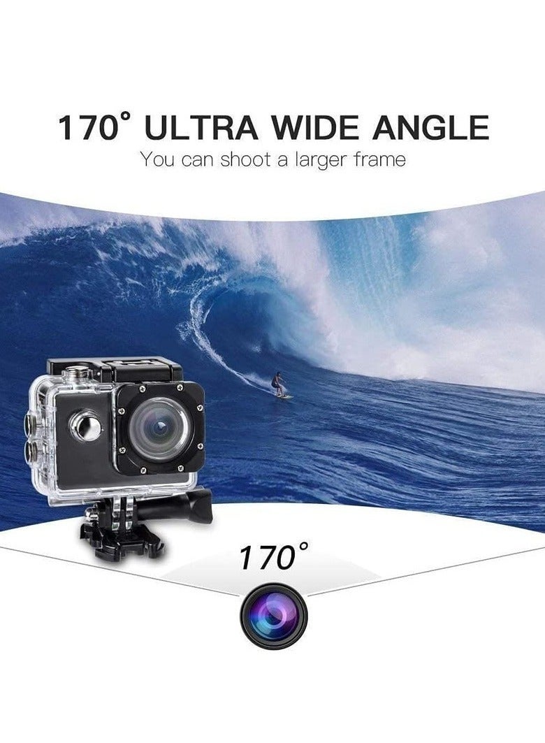 Digital Action Camera 4K Action Camera HD 1080P 30m Waterproof Sport Camera 170° Wide Angle Infrared WiFi 2.0 Inch Screen Black