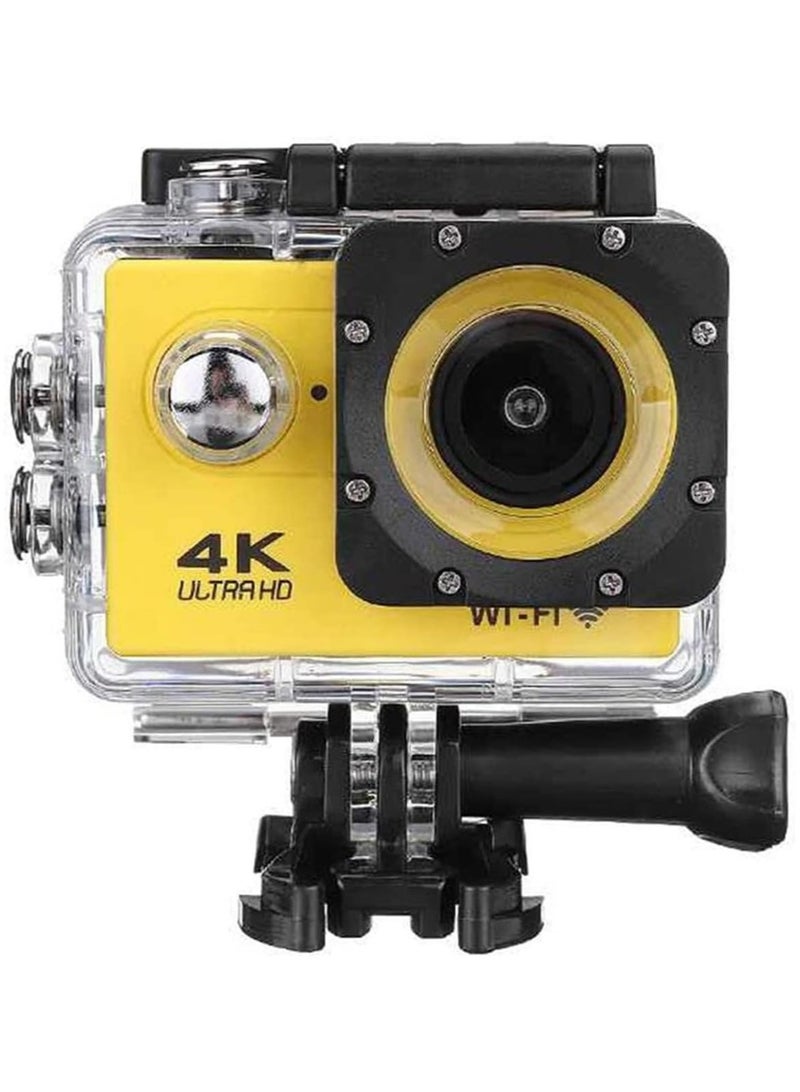 Digital Action Camera 4K Action Camera HD 1080P 30m Waterproof Sport Camera 170° Wide Angle Infrared WiFi 2.0 Inch Screen Yellow