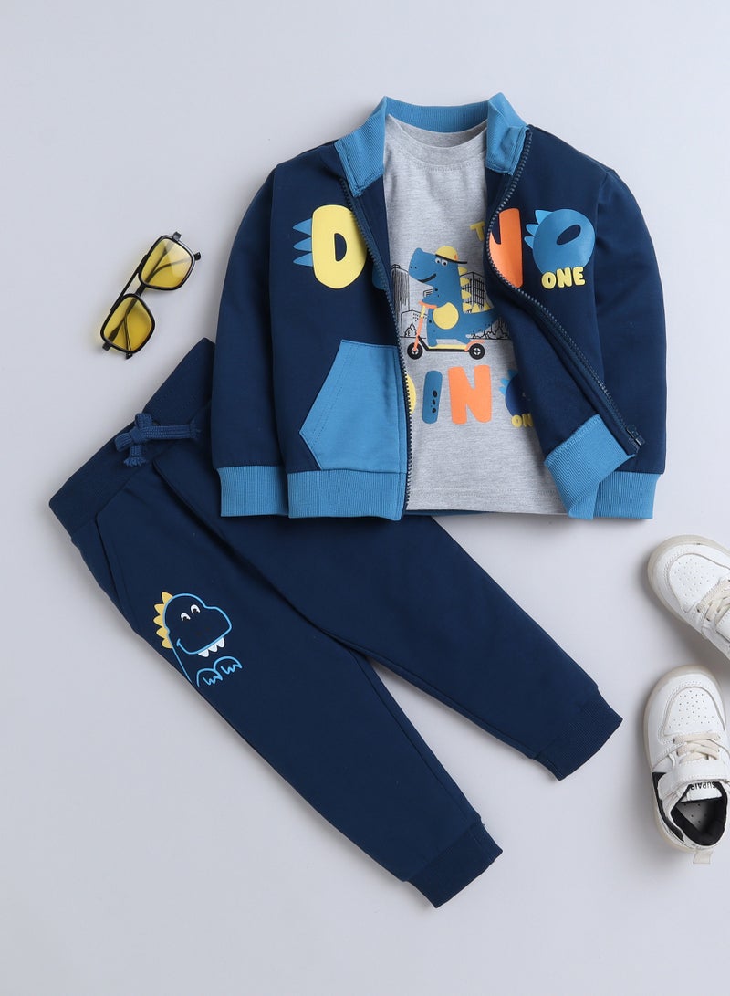 Boys 3-Piece Set Tracksuits - Grey Mil Long tee, Navy fullzipper Hoody Jacket and Navy Jogger Sets (6mo - 3Yrs )