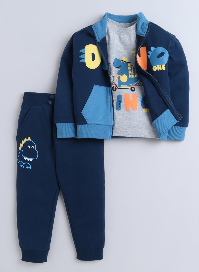 Boys 3-Piece Set Tracksuits - Grey Mil Long tee, Navy fullzipper Hoody Jacket and Navy Jogger Sets (6mo - 3Yrs )