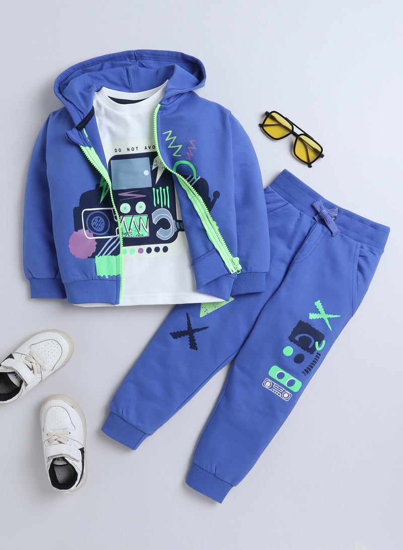 Boys' 3-Piece Set  Tracksuits- Off-White Long tee, Blue fullzipper Hoody Jacket and Blue Jogger sets ,(6mo - 3Yrs )