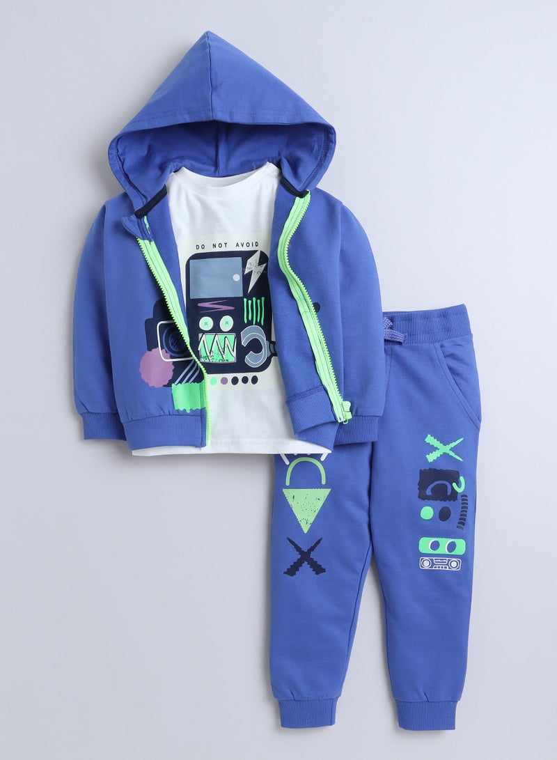 Boys' 3-Piece Set  Tracksuits- Off-White Long tee, Blue fullzipper Hoody Jacket and Blue Jogger sets ,(6mo - 3Yrs )