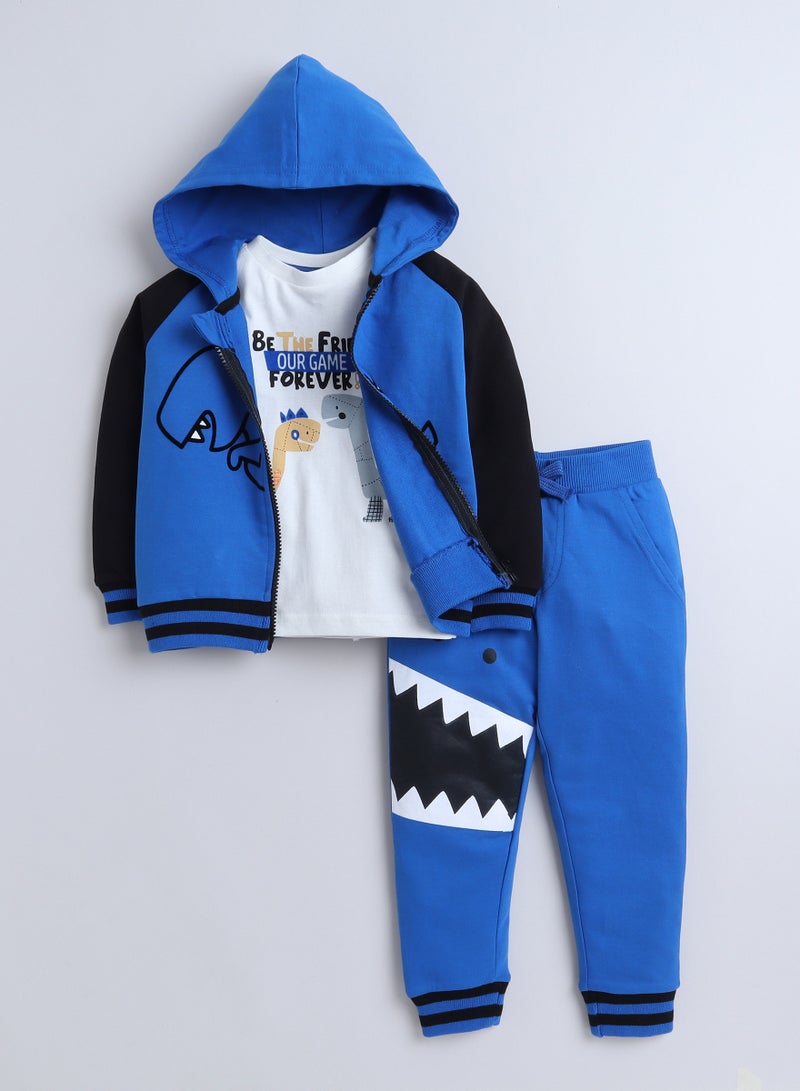 Boys' 3-Piece Set Tracksuits- Off-white Long tee, Blue fullzipper Hoody Jacket and Jogger ,(6mo - 3Yrs )