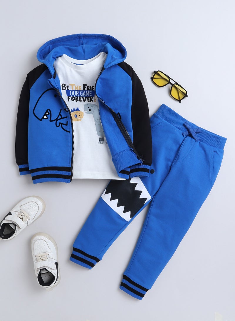 Boys' 3-Piece Set Tracksuits- Off-white Long tee, Blue fullzipper Hoody Jacket and Jogger ,(6mo - 3Yrs )