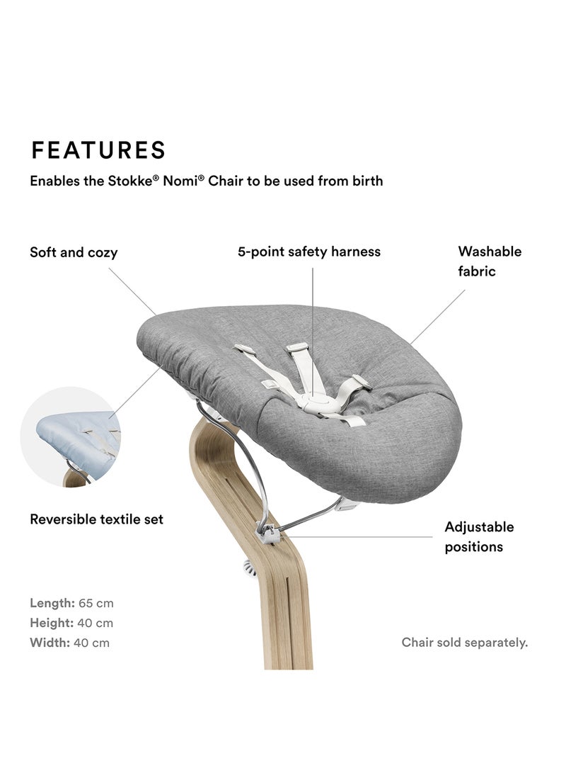 Nomi Newborn Set For Baby Chair Includes 5 - Point Safety Harness And Reversibile, Washable Textile Setfits Nomi Baby High Chair - White/ Grey Blue