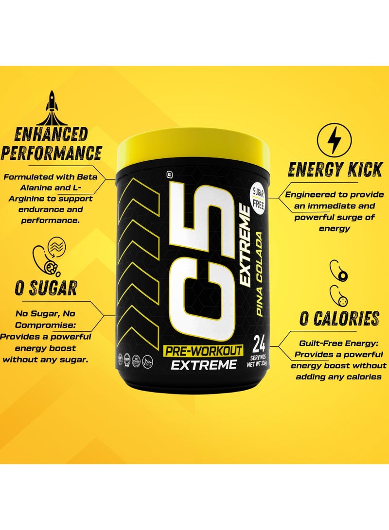 C5 Extreme Pre Workout Powder Pina Colada- 24 Servings, 200mg High Caffeine- Sugar Free-Zero Calories-Beta Alanine-Citrulline Malate, High-Performance PreWorkout Booster Supplement