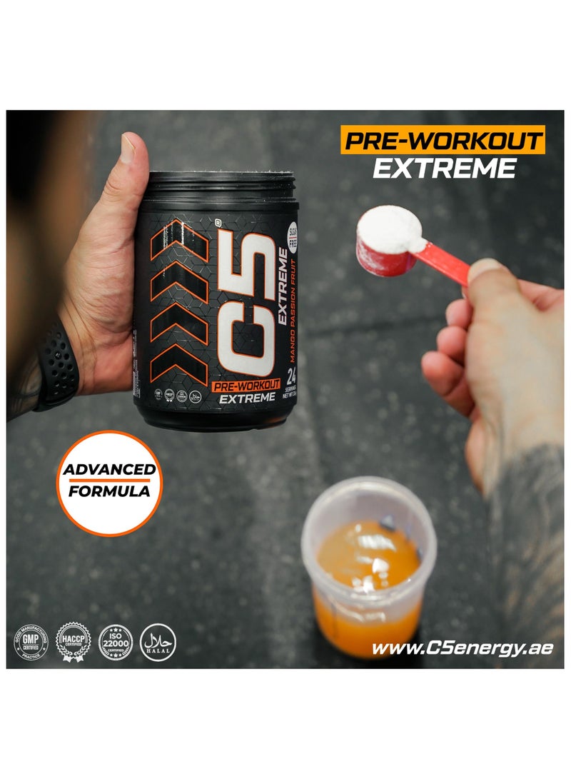 C5 Extreme Pre Workout Powder Passion Fruit Mango - 24 Servings, 200mg High Caffeine- Sugar Free-Zero Calories-Beta Alanine-Citrulline Malate, High-Performance PreWorkout Booster Supplement