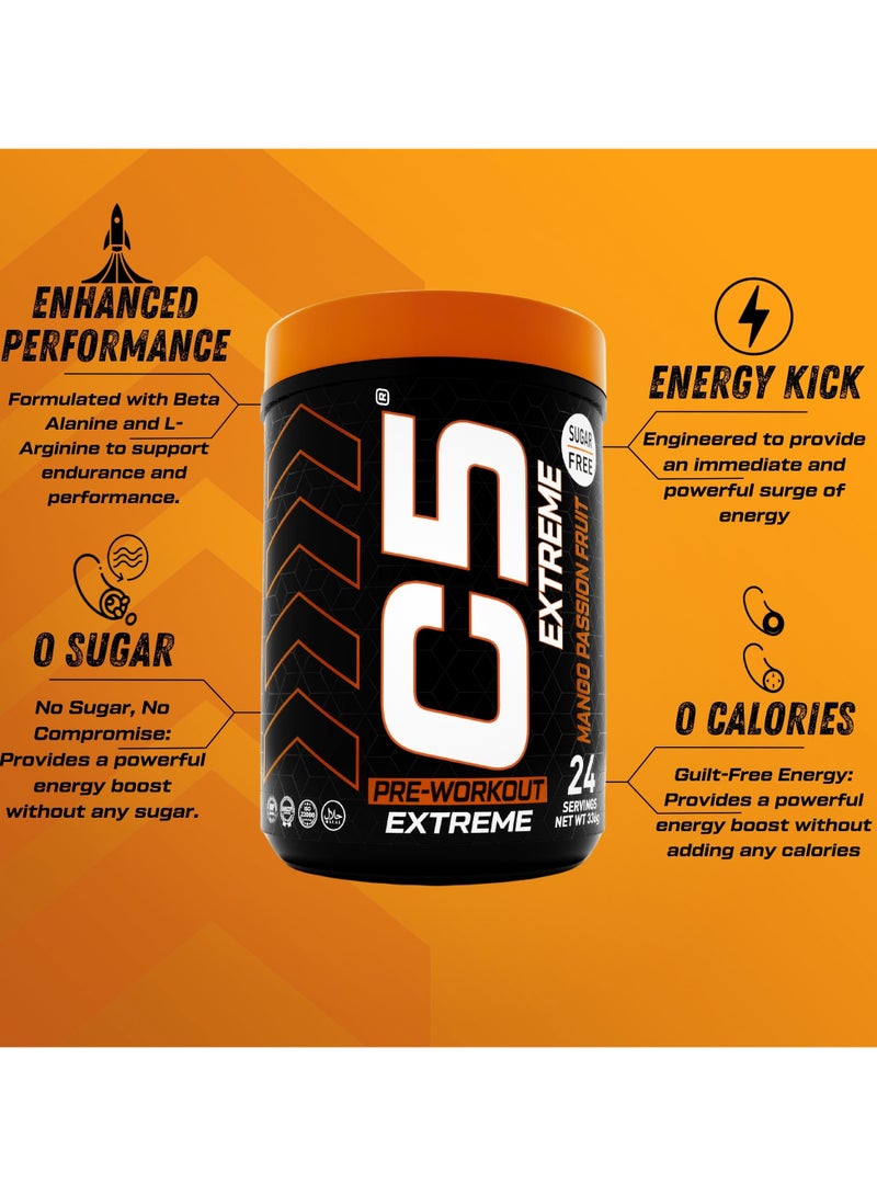 C5 Extreme Pre Workout Powder Passion Fruit Mango - 24 Servings, 200mg High Caffeine- Sugar Free-Zero Calories-Beta Alanine-Citrulline Malate, High-Performance PreWorkout Booster Supplement