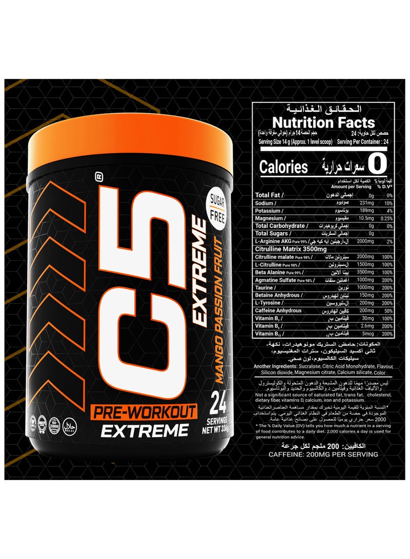 C5 Extreme Pre Workout Powder Passion Fruit Mango - 24 Servings, 200mg High Caffeine- Sugar Free-Zero Calories-Beta Alanine-Citrulline Malate, High-Performance PreWorkout Booster Supplement