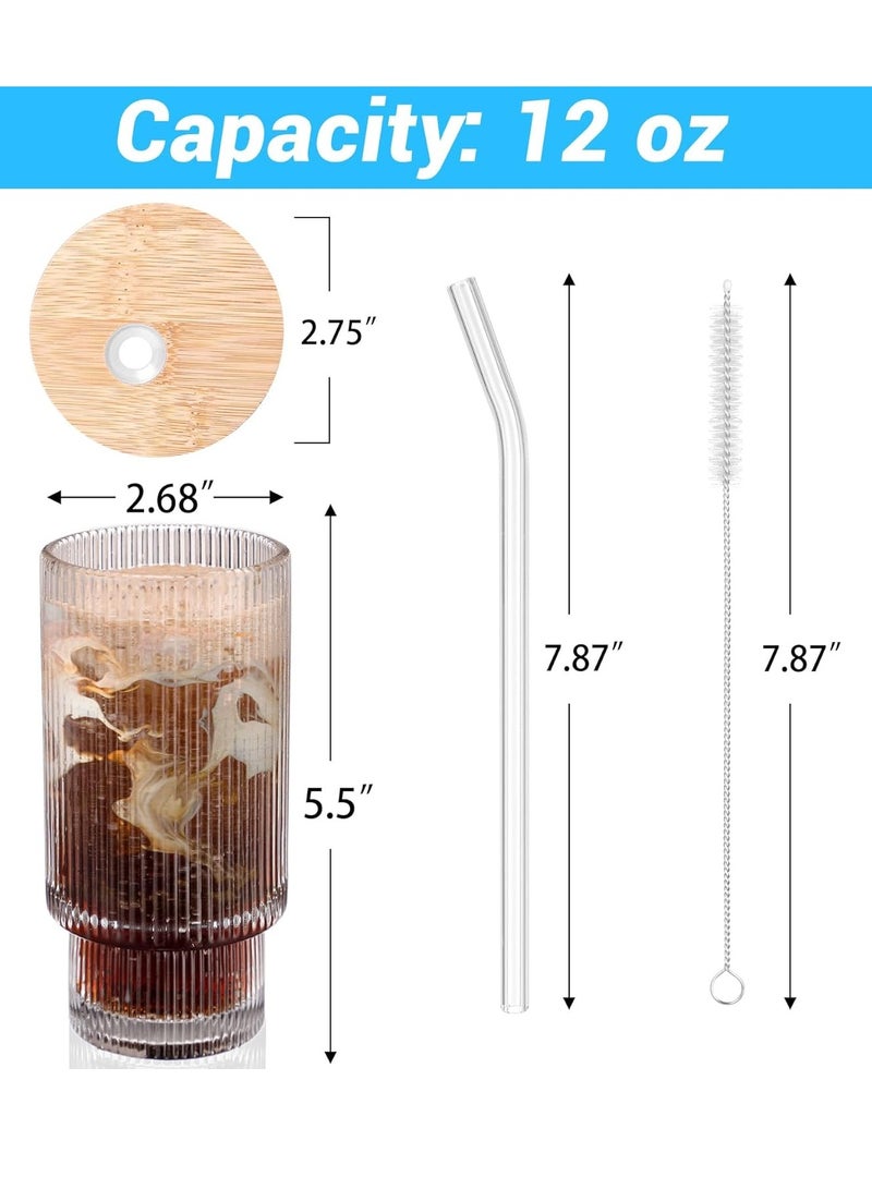 Ribbed Glassware Drinking Glasses with Lids and Straws,12oz 4pcs/set Vintage Fluted Glassware Iced Coffee Cups,Ridged Glass Tumbler