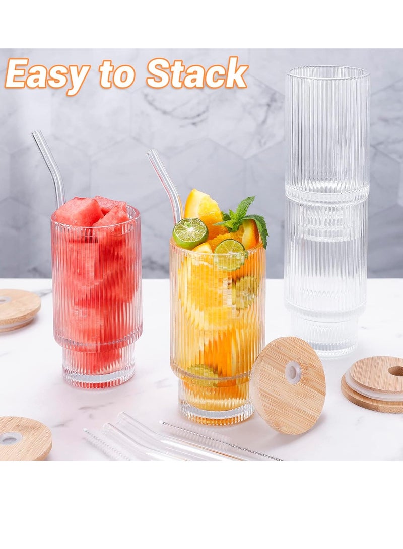 Ribbed Glassware Drinking Glasses with Lids and Straws,12oz 4pcs/set Vintage Fluted Glassware Iced Coffee Cups,Ridged Glass Tumbler