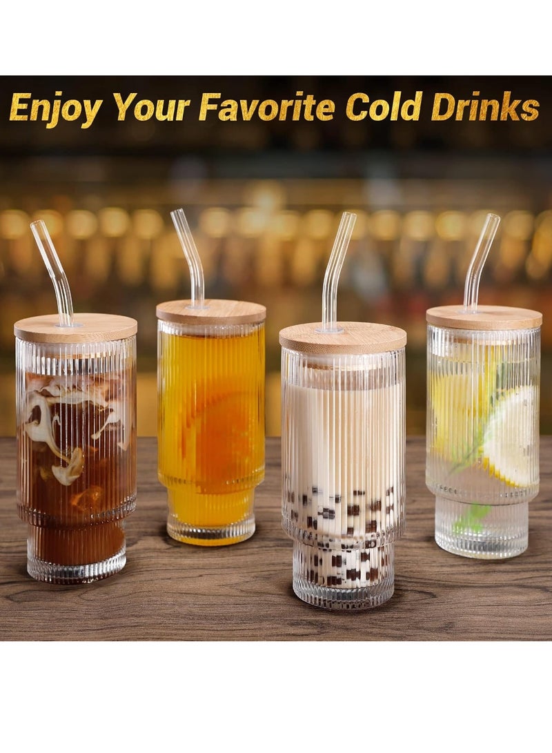 Ribbed Glassware Drinking Glasses with Lids and Straws,12oz 4pcs/set Vintage Fluted Glassware Iced Coffee Cups,Ridged Glass Tumbler