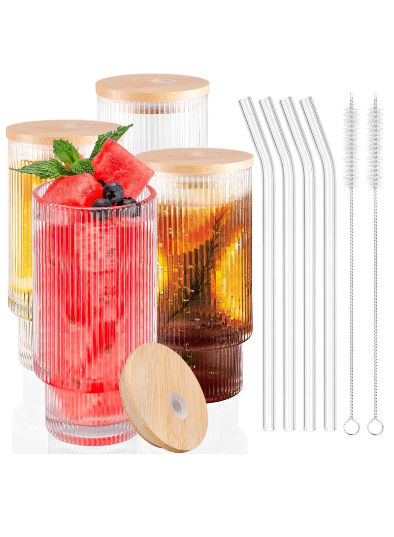 Ribbed Glassware Drinking Glasses with Lids and Straws,12oz 4pcs/set Vintage Fluted Glassware Iced Coffee Cups,Ridged Glass Tumbler