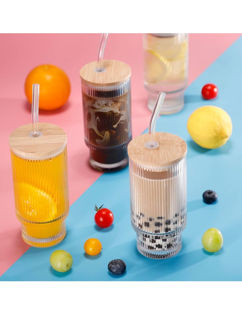 Ribbed Glassware Drinking Glasses with Lids and Straws,12oz 4pcs/set Vintage Fluted Glassware Iced Coffee Cups,Ridged Glass Tumbler