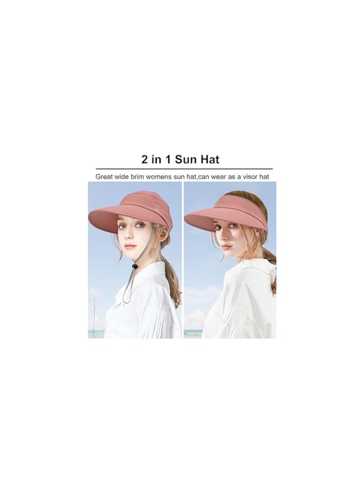 Ponytail Sun Hats for Women, 2 In 1 Zip-Off UV Protection Wide Brim Beach Hat Sun Visors, for Golf Hiking Gardening UV Protection Summer Beach Hat, Packable Sun Hat, Fit Any Lady's Hairstyle(Pink)