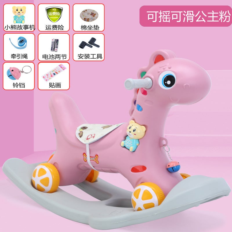 2-in-1 Wooden Rocking Horse Baby Walker Pink Pony + Music + rocking board