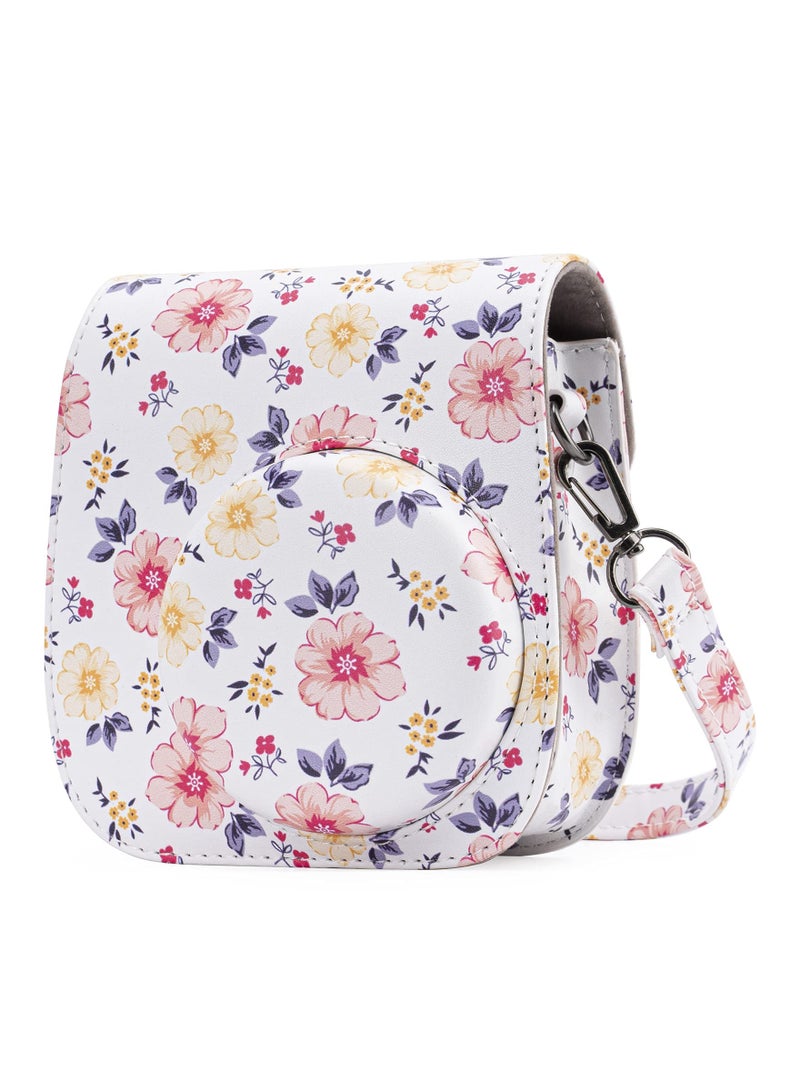 Protective and Portable Case for Fujifilm Instax Mini 11/9/8/8+ Instant Film Camera, Featuring Accessory Pocket and Adjustable Strap (Floral White Design)