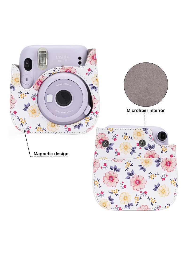 Protective and Portable Case for Fujifilm Instax Mini 11/9/8/8+ Instant Film Camera, Featuring Accessory Pocket and Adjustable Strap (Floral White Design)