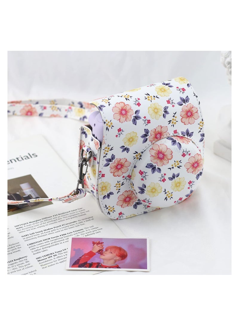 Protective and Portable Case for Fujifilm Instax Mini 11/9/8/8+ Instant Film Camera, Featuring Accessory Pocket and Adjustable Strap (Floral White Design)