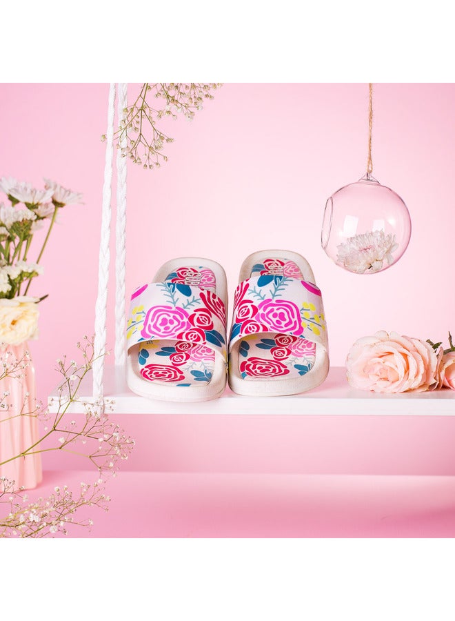 Roses Print Everyday Wear Eco-Friendly Pvc Slides For Girls Lightweight Easy To Wash And Anti-Slip Soles