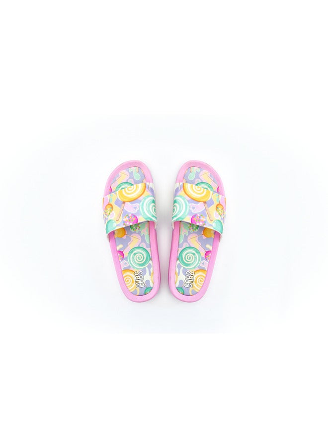 Lolipops Print Everyday Wear Eco-Friendly Pvc Slides For Girls Lightweight Easy To Wash And Anti-Slip Soles