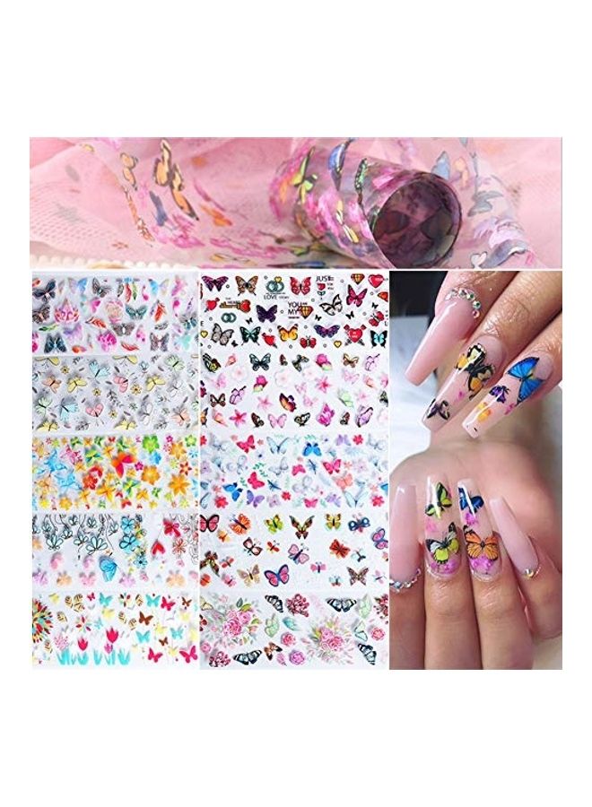 10 Sheet Butterfly Nail Foil Transfer Stickers Multicolour