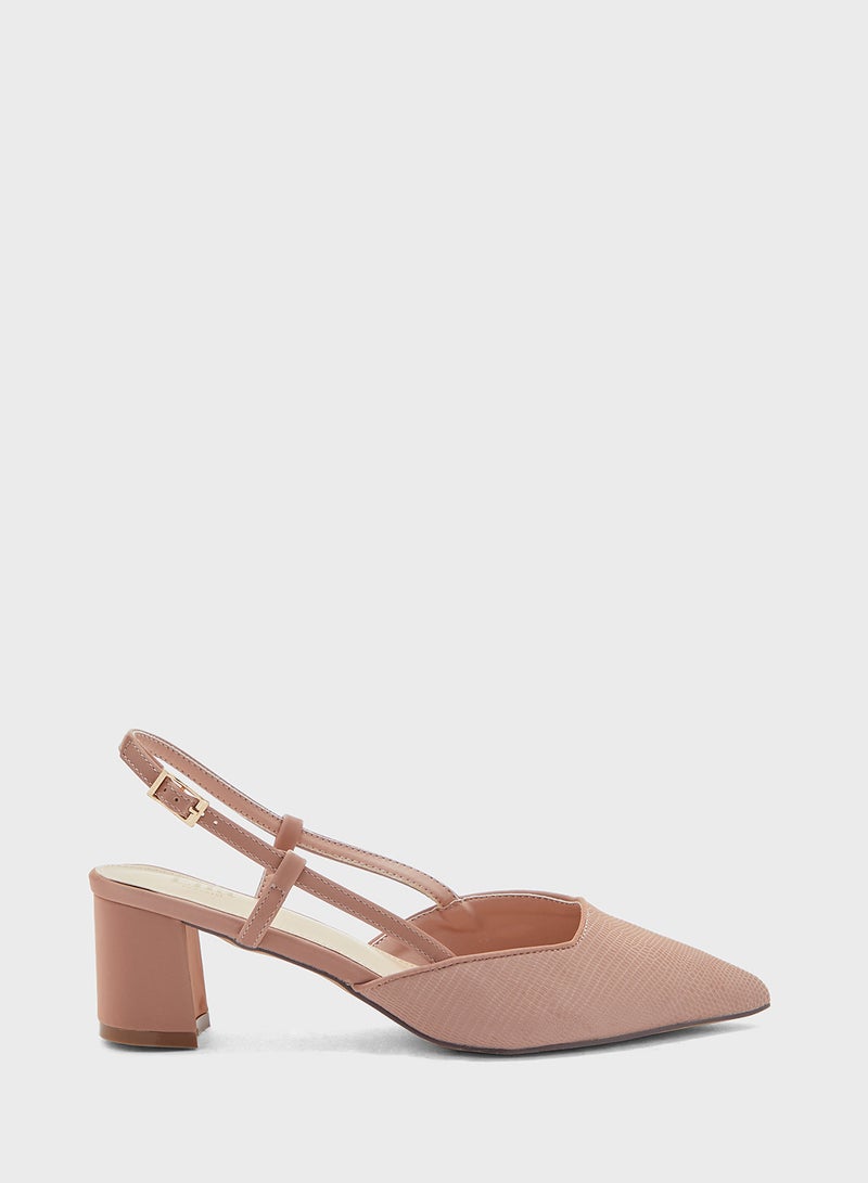 Textured Block Heel Back Strap Pump