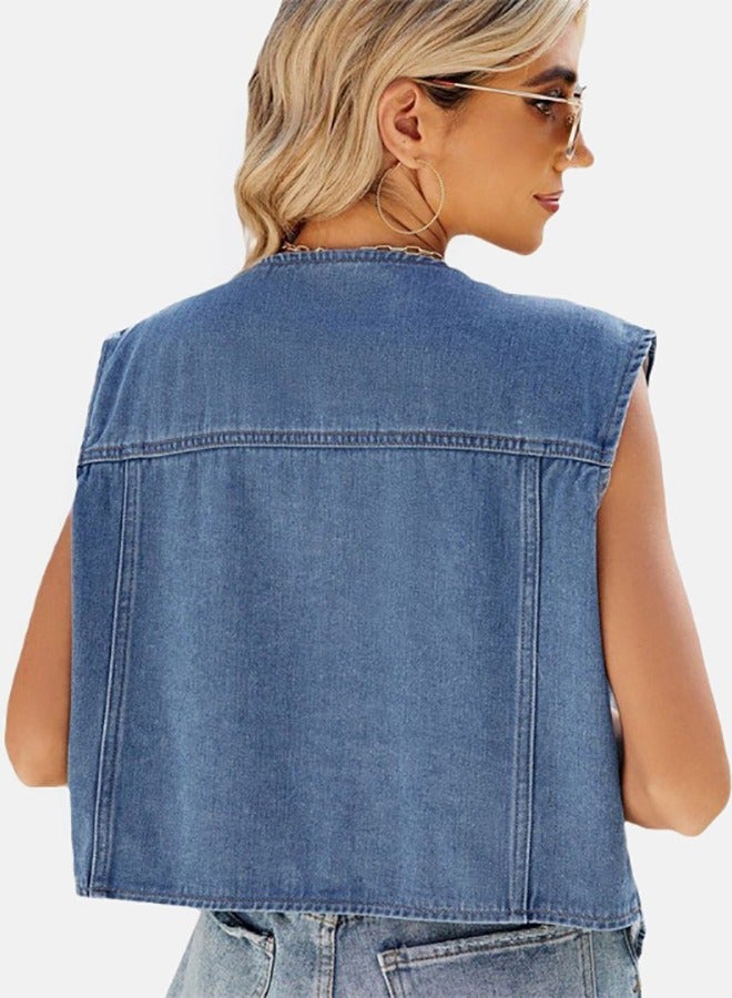 Blue V Neck Sleeveless Denim Jacket