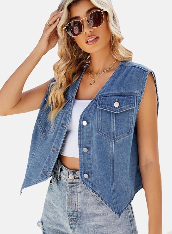 Blue V Neck Sleeveless Denim Jacket