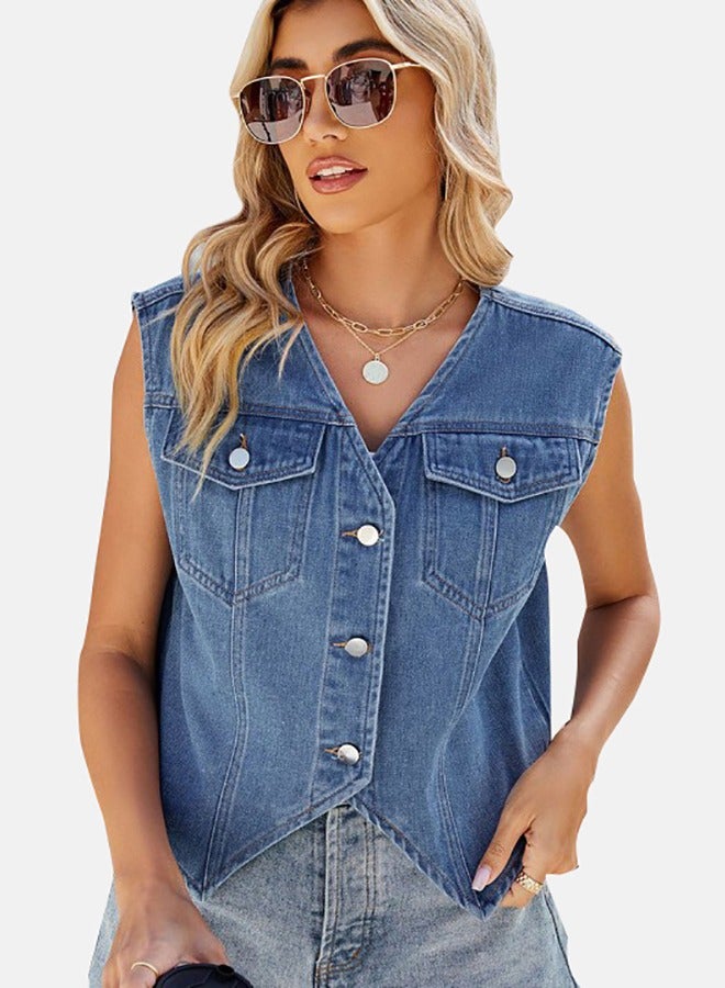 Blue V Neck Sleeveless Denim Jacket