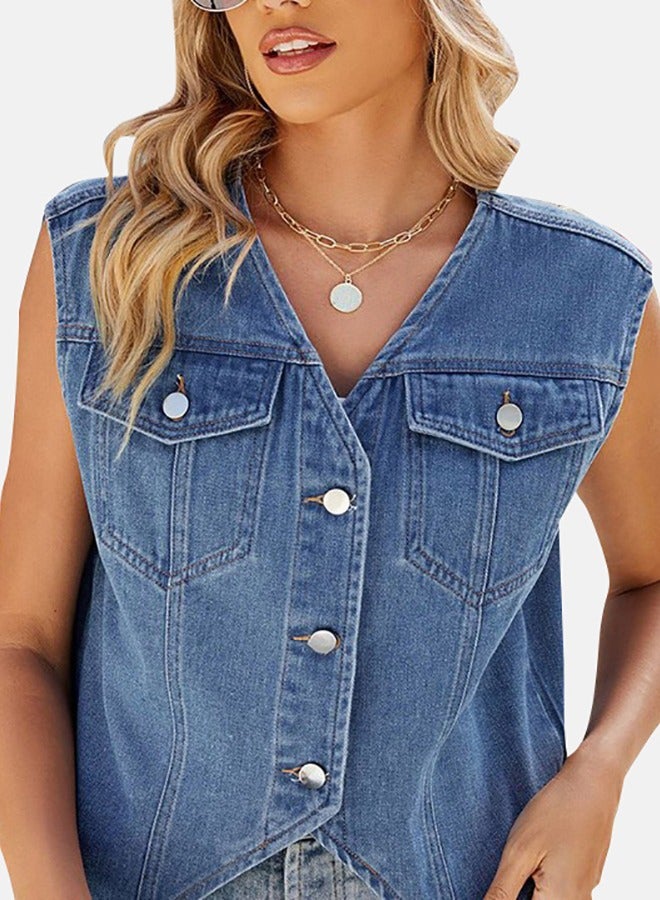 Blue V Neck Sleeveless Denim Jacket