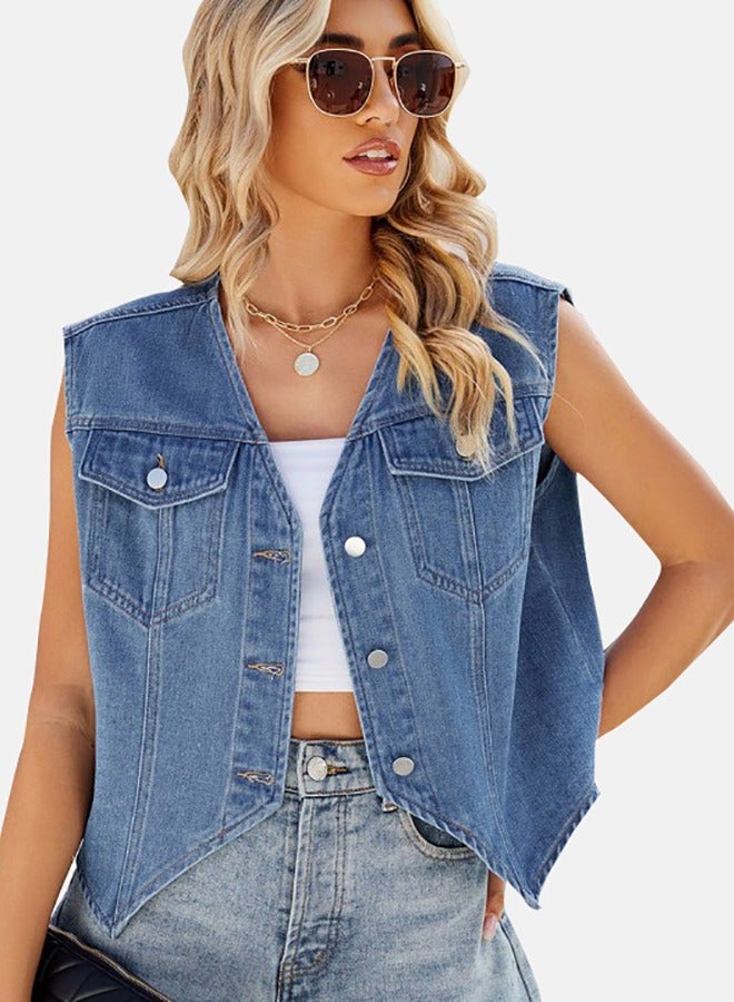 Blue V Neck Sleeveless Denim Jacket