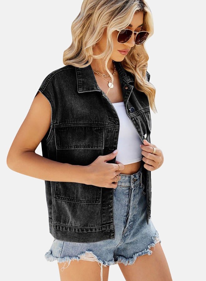 Black Collared Sleeveless Denim Jacket