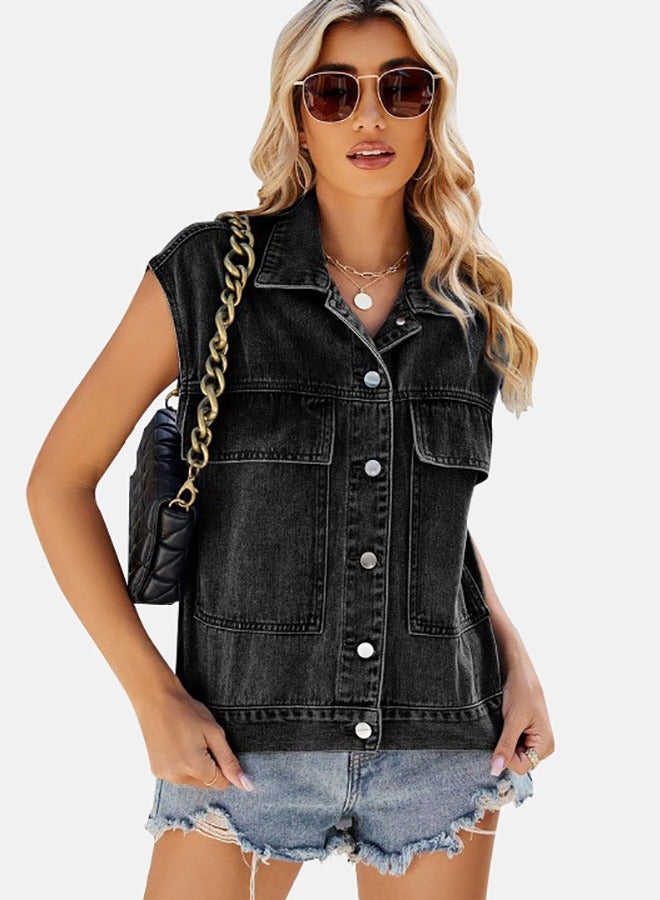 Black Collared Sleeveless Denim Jacket