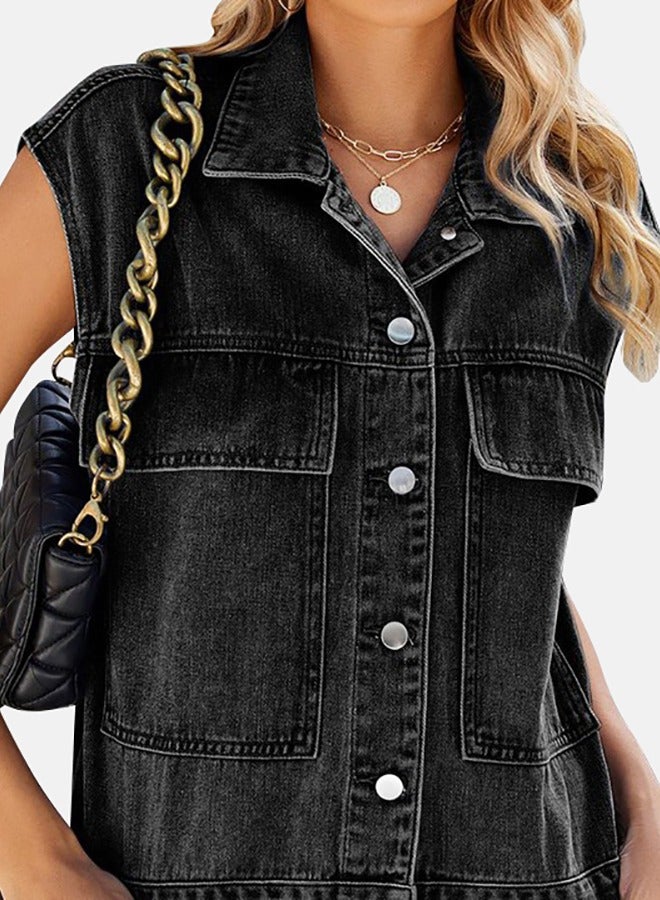 Black Collared Sleeveless Denim Jacket