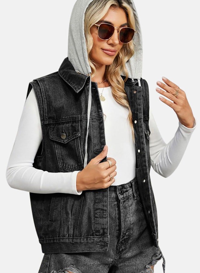 Black Hooded Sleeveless Denim Jacket