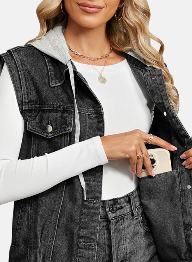 Black Hooded Sleeveless Denim Jacket