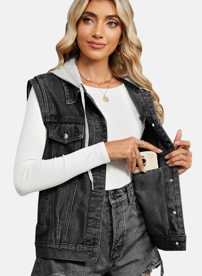 Black Hooded Sleeveless Denim Jacket