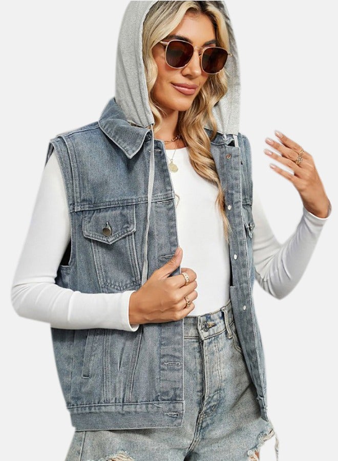 Blue Collared Sleeveless Denim Jacket