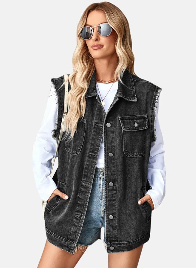 Black Collared Sleeveless Denim Jacket