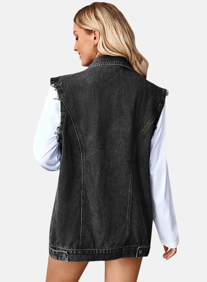 Black Collared Sleeveless Denim Jacket