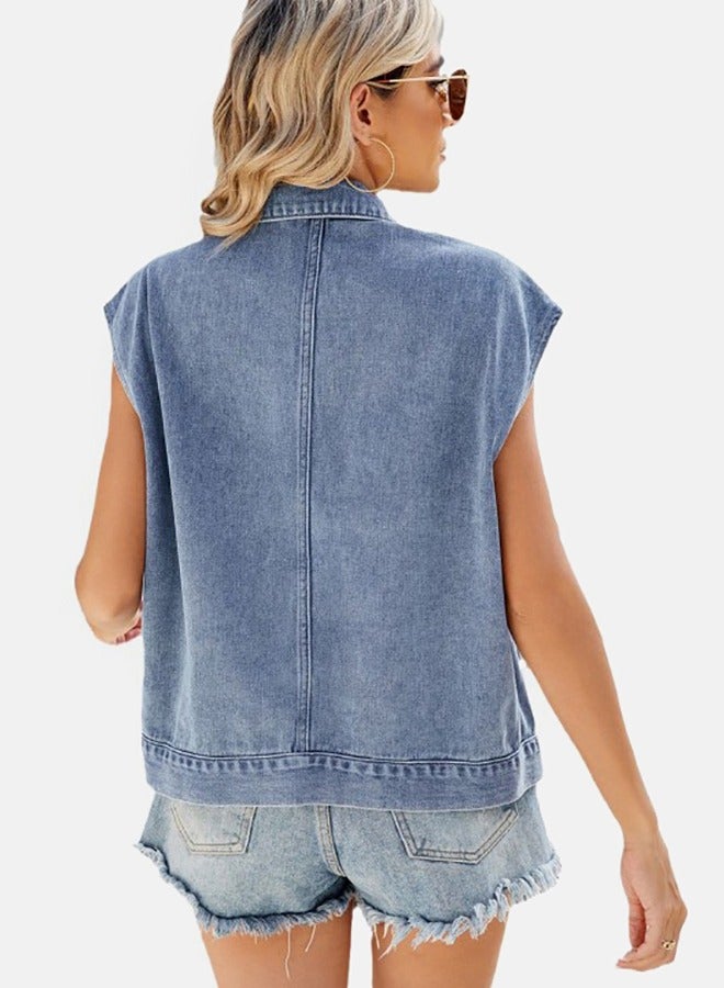 Blue Collared Sleeveless Denim Jacket