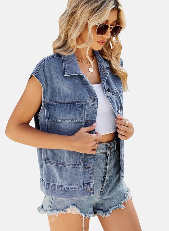 Blue Collared Sleeveless Denim Jacket