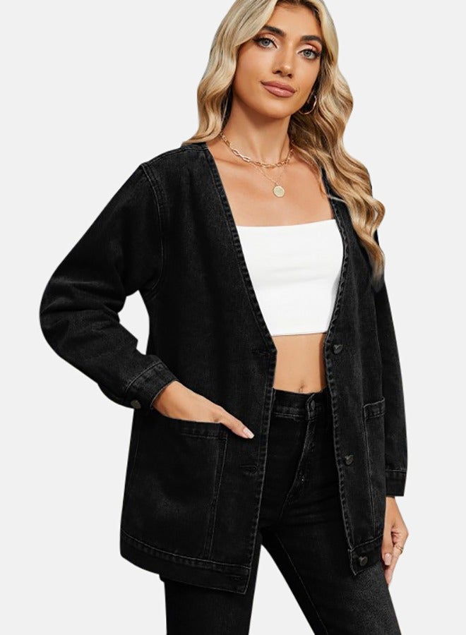 Black V Neck Long Sleeve Denim Jacket