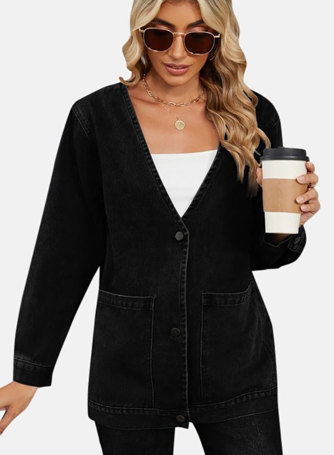 Black V Neck Long Sleeve Denim Jacket