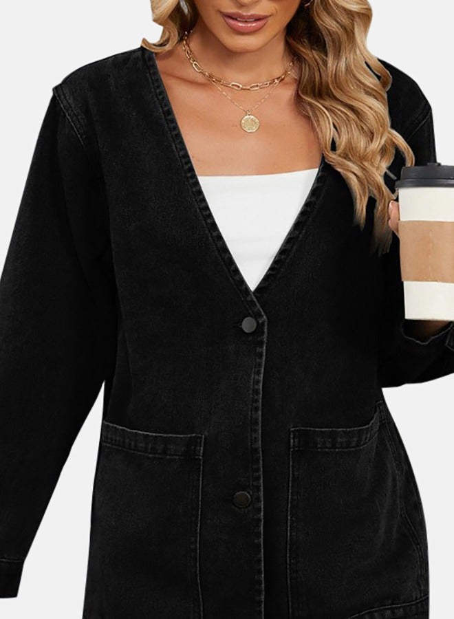 Black V Neck Long Sleeve Denim Jacket