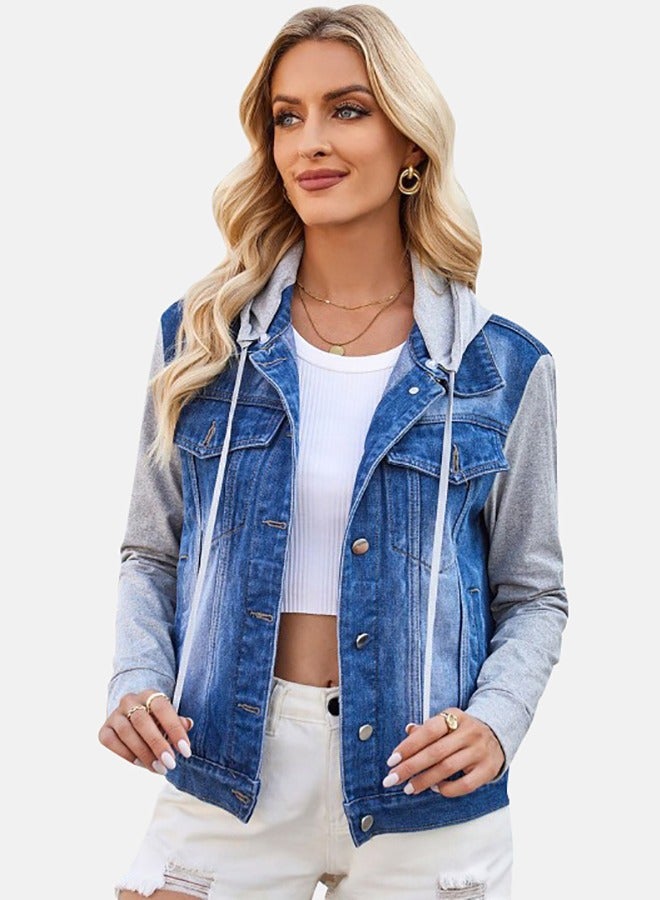 Blue Hooded Long Sleeve Denim Jacket