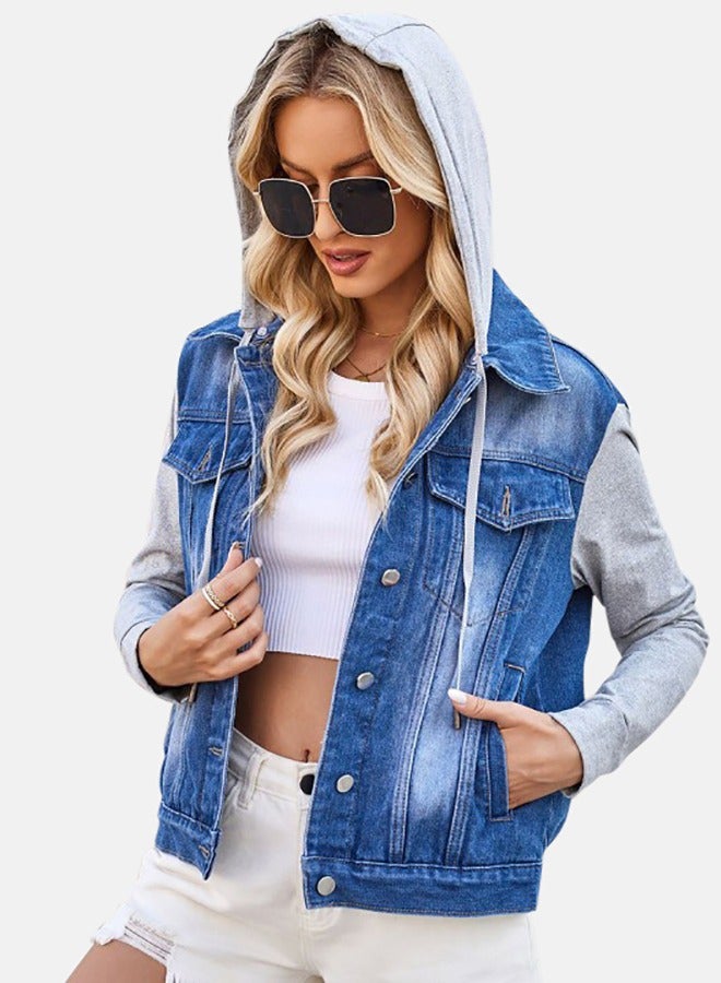 Blue Hooded Long Sleeve Denim Jacket