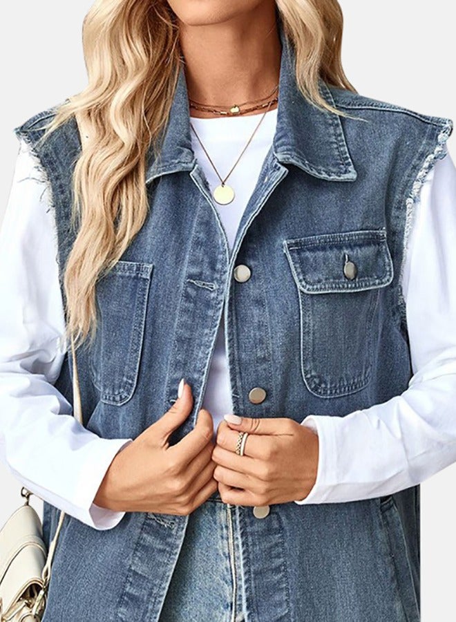 Blue Collared Sleeveless Denim Jacket