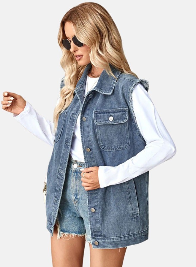 Blue Collared Sleeveless Denim Jacket